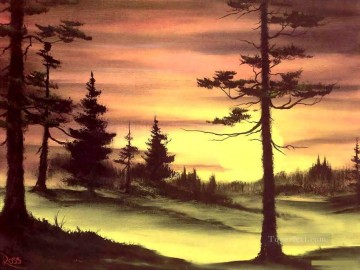 Simple and Cheap Painting - evergreens at sunset Bob Ross freehand landscapes